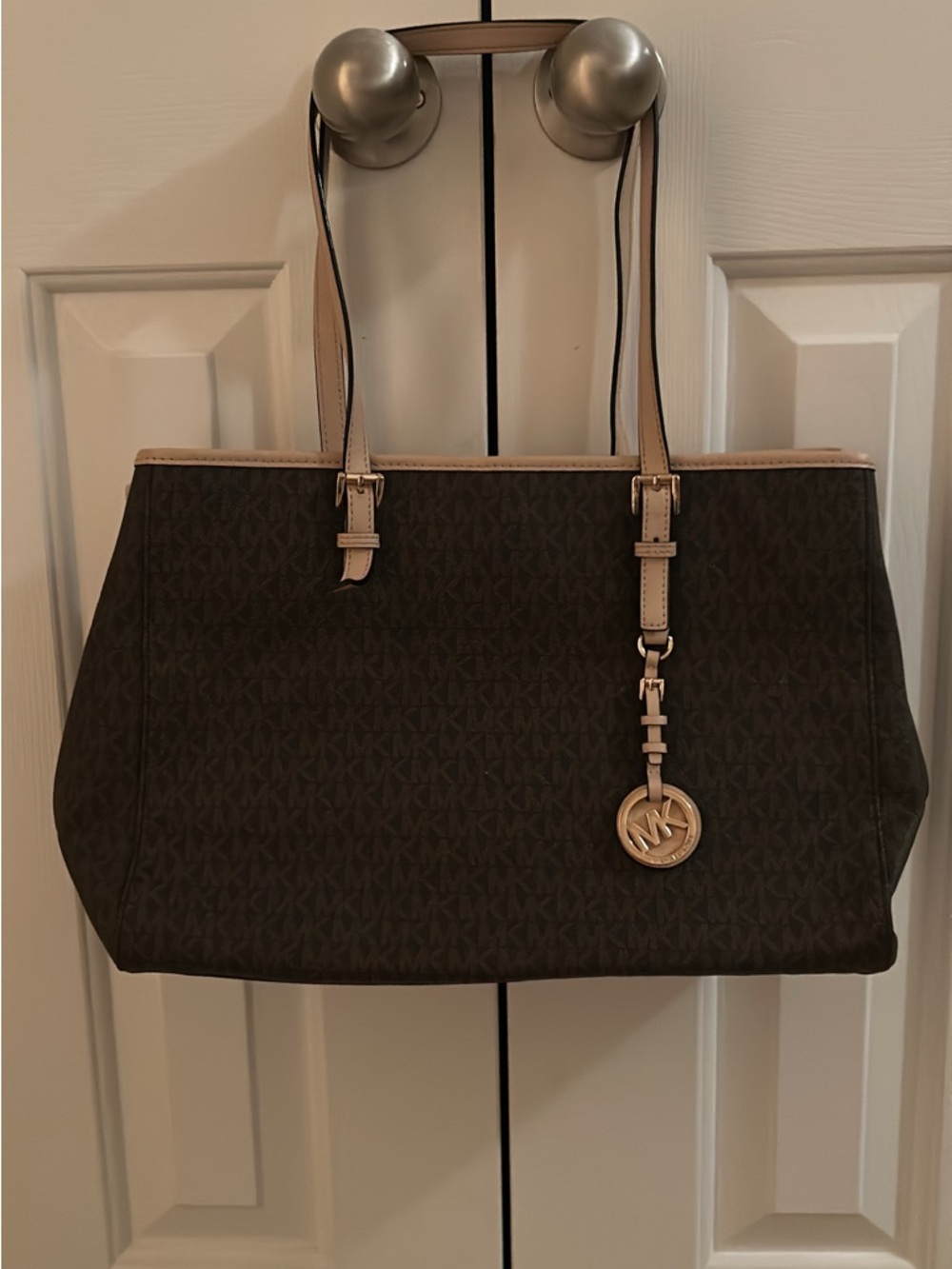 Authentic Michael Kors Dark Brown Logo Tote with Beige Trim and Gold Hardware